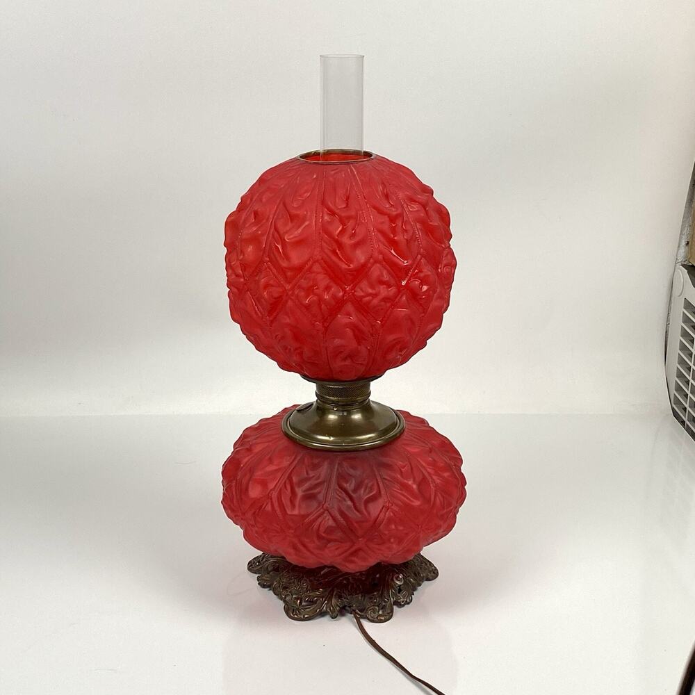 ANTIQUE 1900’s 26” Victorian GWTW Ruby RED SATIN GLASS electrified Kerosene Lamp